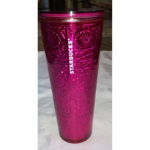 Starbucks 2017 Pink Magenta Floral‎ Metallic Embossed Foil 24oz Tumbler